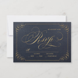 Cartão RSVP Marinho ouro elegante casamento vintage de caligra