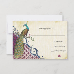 Cartão RSVP Marinho Peacock Vintage Casamento tema damasco Fra