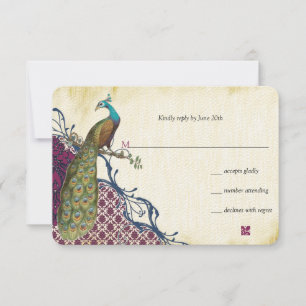 Cartão RSVP Marinho Peacock Vintage Casamento tema damasco Fra