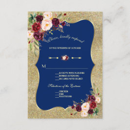 Cartão RSVP Marinho Real Azul Blush Dourado Casamento Floral R