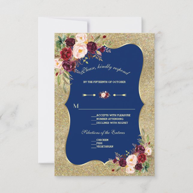 Cartão RSVP Marinho Real Azul Blush Dourado Casamento Floral R (Frente)