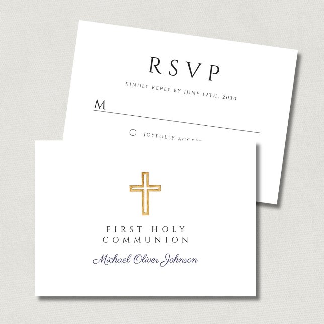Cartão RSVP Marinho religioso Blue Boy Primeira Comunhão (Religious Cross Navy Blue Boy First Communion RSVP Card)
