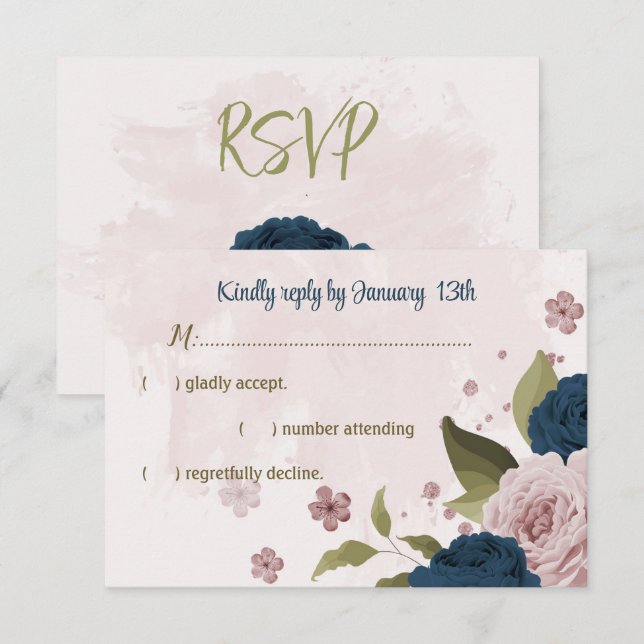 Cartão RSVP marinho rosa, flores azuis, casamento botânico (Frente/Verso)