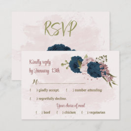 Cartão RSVP marinho rosa, flores azuis, casamento botânico