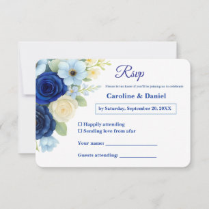 Cartão RSVP Marinho Royal Bue Casamento Watercolor Flores De M