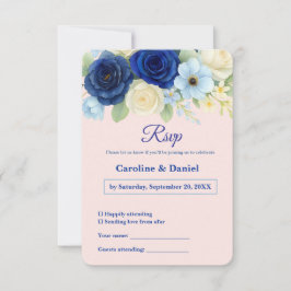 Cartão RSVP Marinho Royal Bue Casamento Watercolor Flores De M