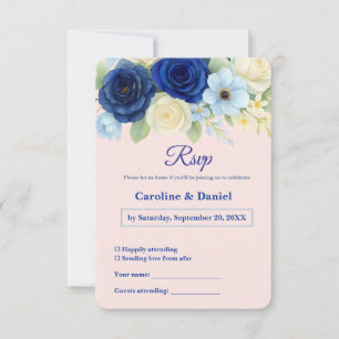 Cartão RSVP Marinho Royal Bue Casamento Watercolor Flores De M
