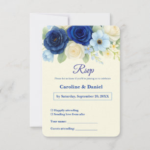 Cartão RSVP Marinho Royal Bue Casamento Watercolor Flores De M