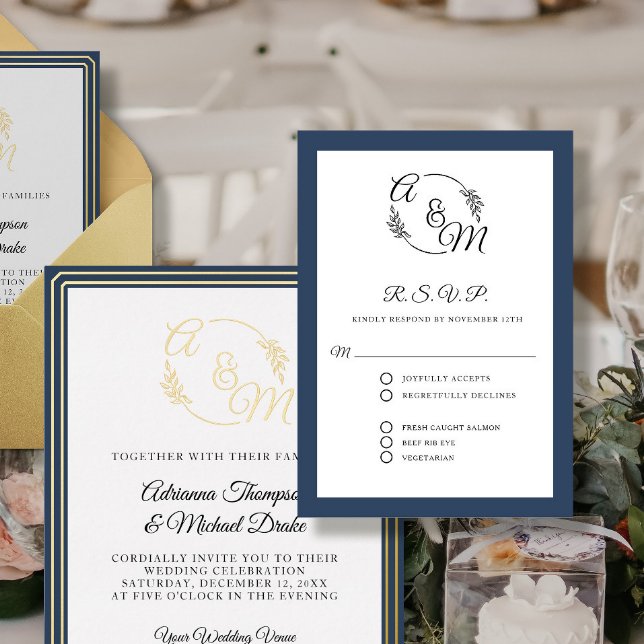 Cartão RSVP Marinho Simples Elegante Casamento Formal Azul (Criador carregado)