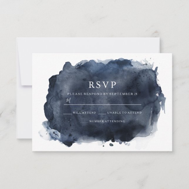 Cartão RSVP Marinho Watercolor Paint Splash & White Weding (Frente)