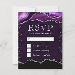 Cartão RSVP Mármore Ágata Brilhante Roxo e Prata Elegante