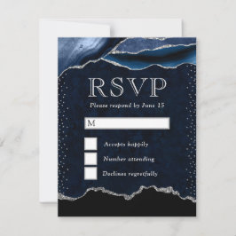 Cartão RSVP Mármore Ágata Brilho Azul e Prata Elegante