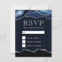 Cartão RSVP Mármore Ágata Elegante Azul e Prata Brilhante