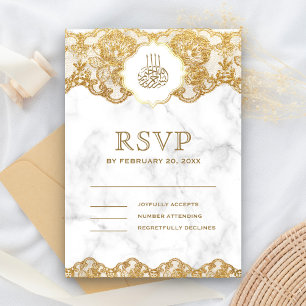 Cartão RSVP Mármore Branco Renda Folha Dourada Casamento Islâm