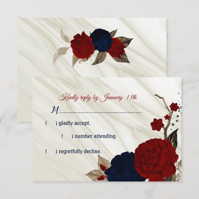 Cartão RSVP Mármore de flores de marinho e burgundy (Frente/Verso)