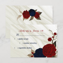 Cartão RSVP Mármore de flores de marinho e burgundy
