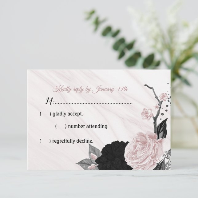 Cartão RSVP mármore preto e rosa (Em pé/Frente)