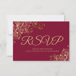 Cartão RSVP Maroon Burgundy com Casamento Dourado Elegante
