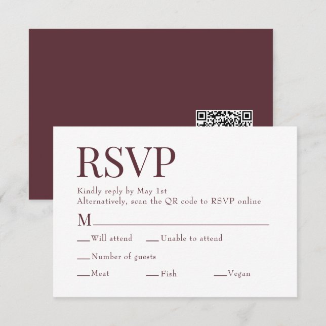 Cartão RSVP Maroon Red Scan Qr Code Meal Choice Casamento (Frente/Verso)