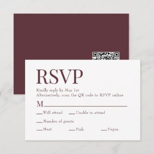 Cartão RSVP Maroon Red Scan Qr Code Meal Choice Casamento