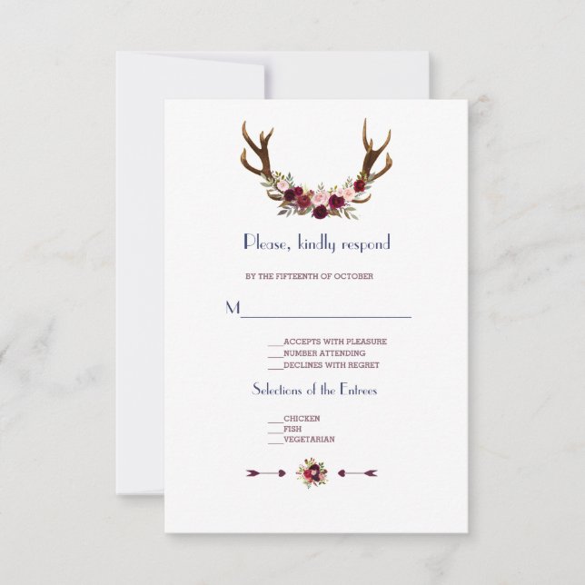 Cartão RSVP Marsala Floral Antlers Marinho Casamento outono Az (Frente)