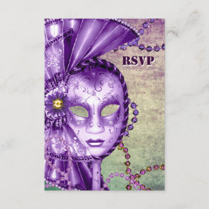Cartão RSVP Máscara de Contas de Mardi Gras Roxo Verde Mascara
