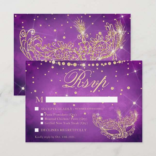 Cartão RSVP Máscara de mascarada elegante lilás dourado brilho (Frente/Verso)
