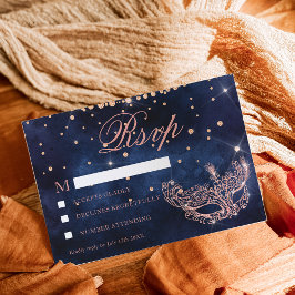 Cartão RSVP Máscara de mascarada elegante rosa dourado brilho 