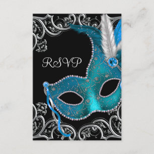 Cartão RSVP Máscara Prateada Azul Verde Festa de Mascarada RSV