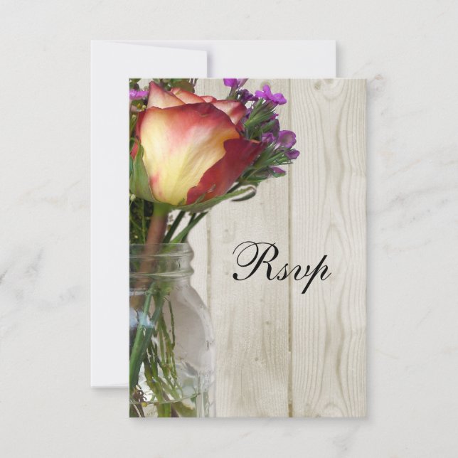 Cartão RSVP Mason Jar w/Rosa e flores selvagens (Frente)