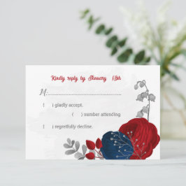 Cartão RSVP matrimônio botânico de prata, flores azuis e marin