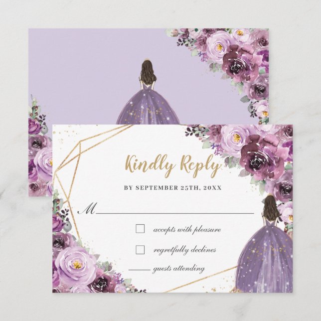 Cartão RSVP Mauve Plum Purple Floral Quinceañera Princess (Frente/Verso)
