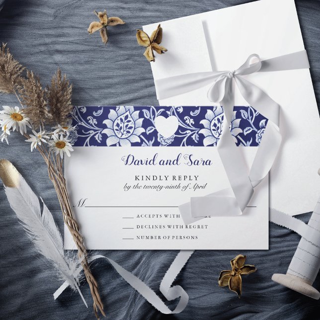 Cartão RSVP Meadow Wildflowers Blue Indigo Pattern Wedding (Criador carregado)