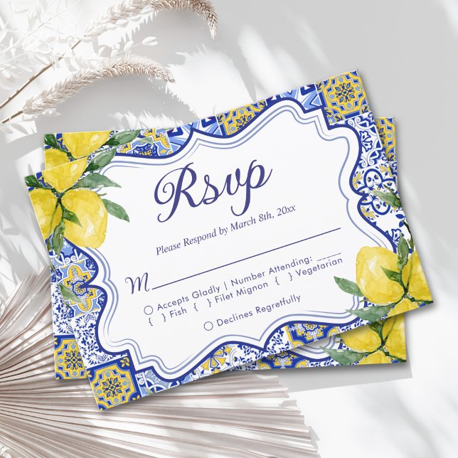 Cartão RSVP Mediterranean Wedding Style with Italian Tiles (Criador carregado)