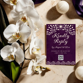 Cartão RSVP Mexican Purple Talavera Wedding QR code