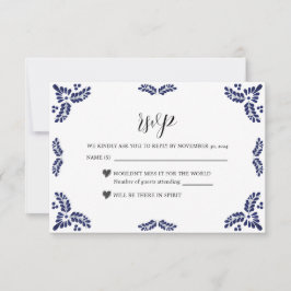 Cartão RSVP Mexican Talavera Black Floral Minimalist Wedding