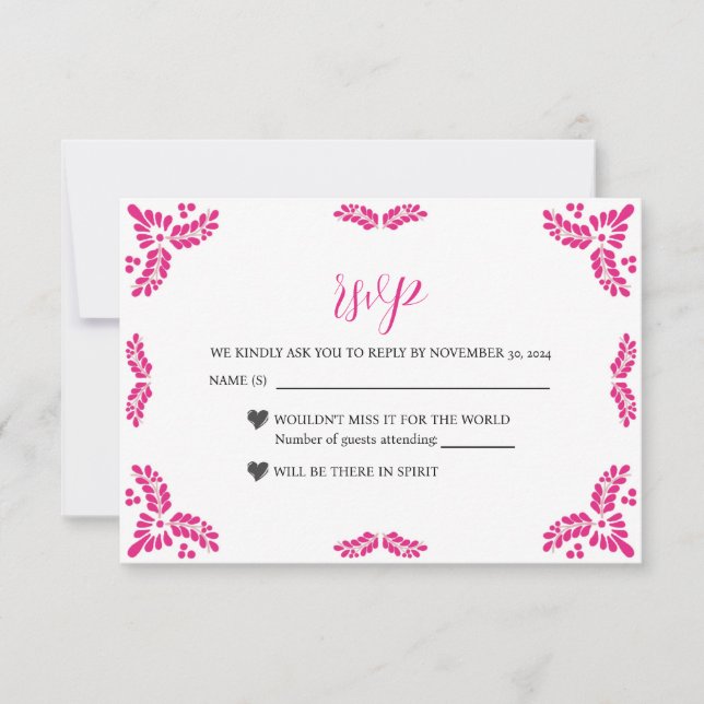 Cartão RSVP Mexican Talavera Pink Floral Minimalist Wedding (Frente)