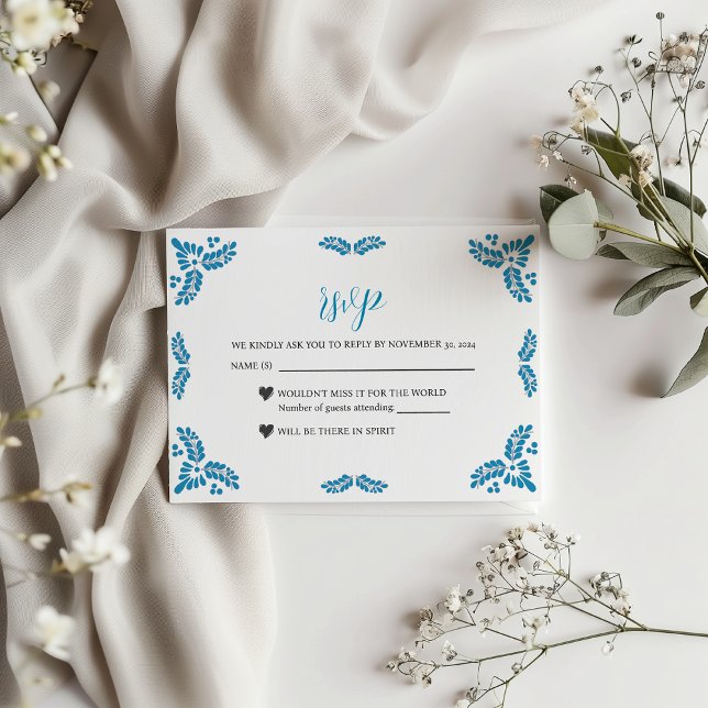 Cartão RSVP Mexican Talavera Turquoise Minimalist Wedding (Mexican Talavera Turquoise Minimalist Wedding RSVP Card)