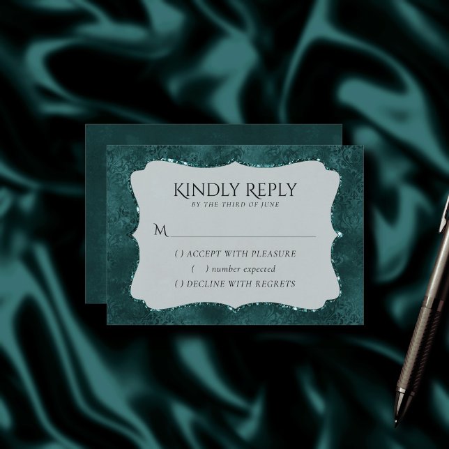 Cartão RSVP Midnight Teal Romance | Dark Satinge Damask (Criador carregado)