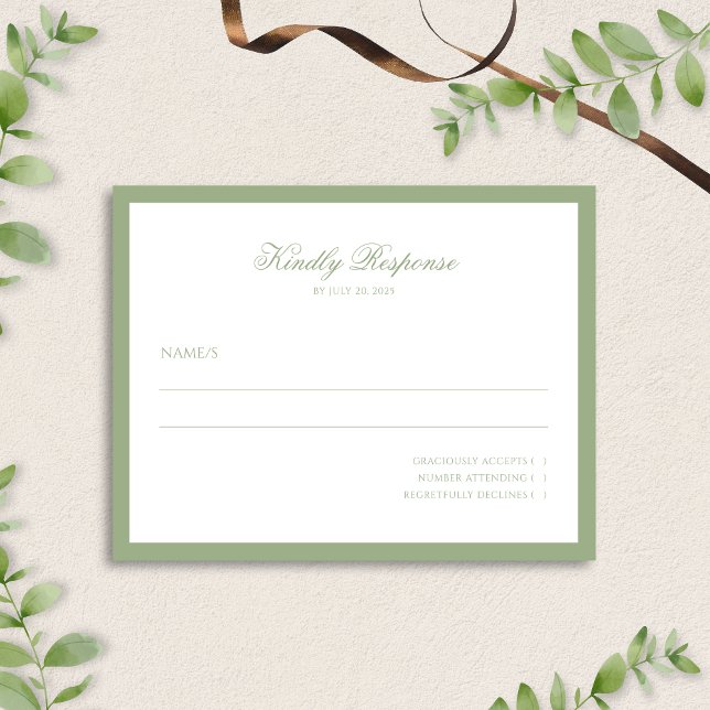 Cartão RSVP Minimal Classic Sage Green Border Script Wedding  (Criador carregado)