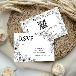 Cartão RSVP Minimalist Black and White Floral 