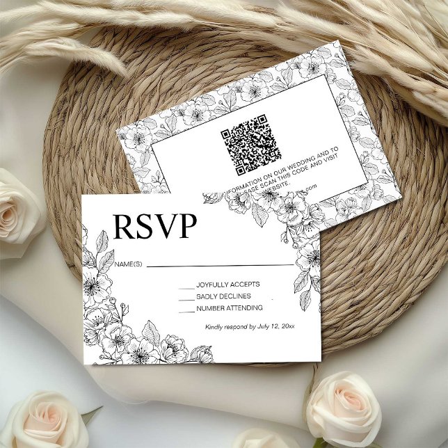 Cartão RSVP Minimalist Black and White Floral  (Criador carregado)