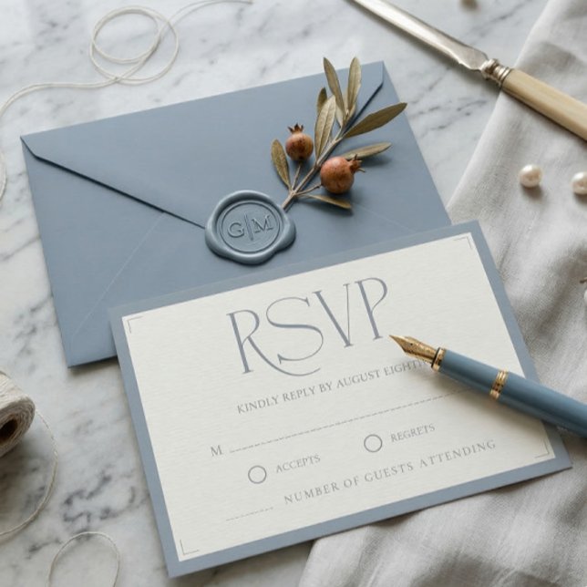 Cartão RSVP Minimalist Dusty Blue Elegant Monogram Wedding  (Criador carregado)