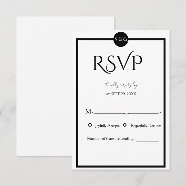 Cartão RSVP Minimalist Elegant Black & White Wedding (Frente/Verso)