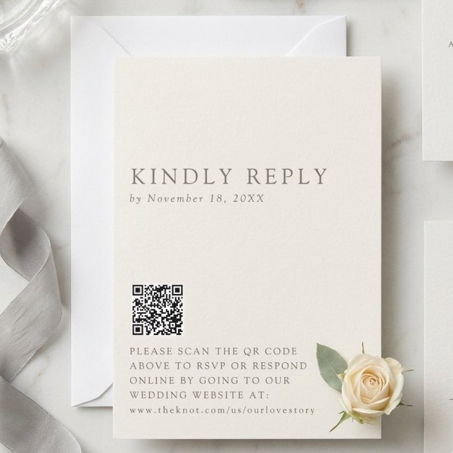 Cartão RSVP Minimalist Wedding Reply Online QR Code Taupe (Criador carregado)