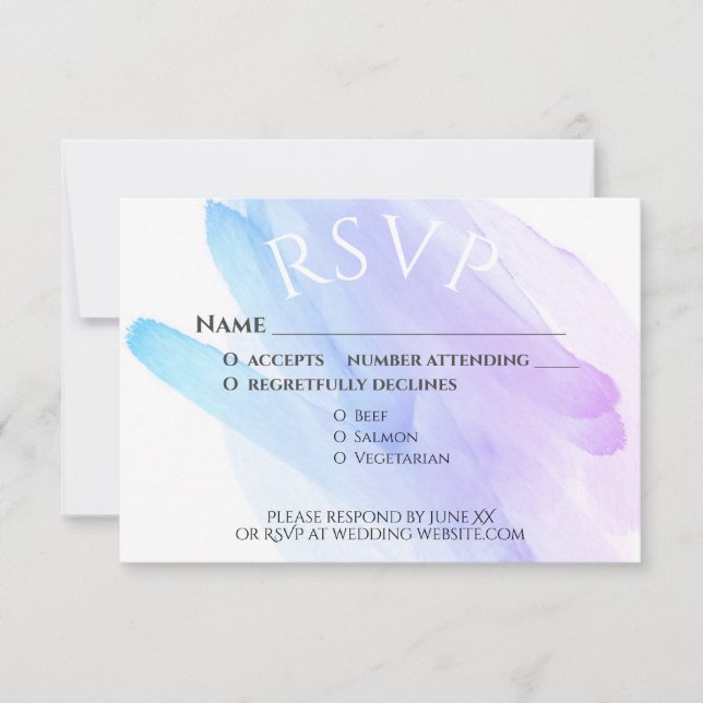 Cartão RSVP minimalista aquarela elegante casamento azul roxo  (Frente)