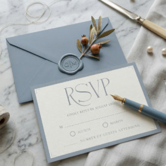 Cartão RSVP Minimalista Monograma Azul Poeirento Elegante Casa