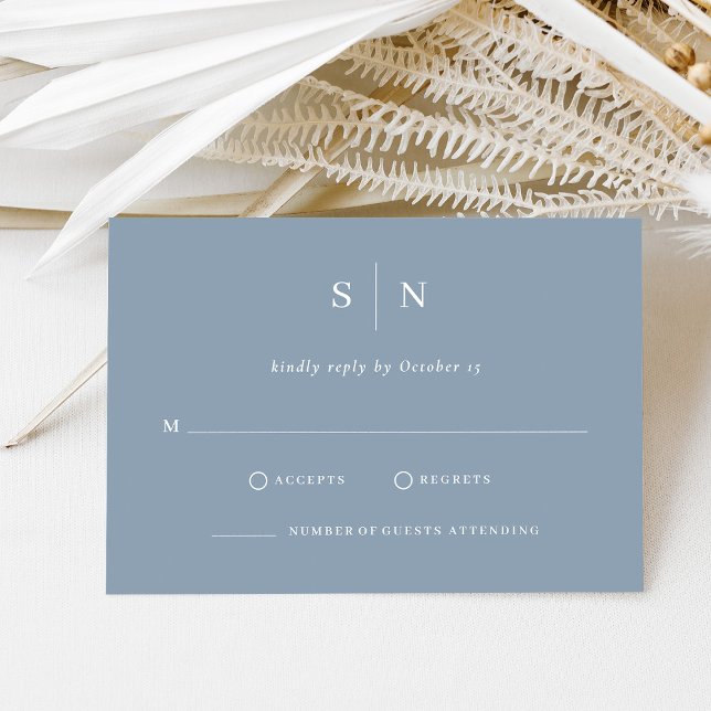 Cartão RSVP Mínimo e Chic | Casamento Azul e Branco Dusty (Criador carregado)