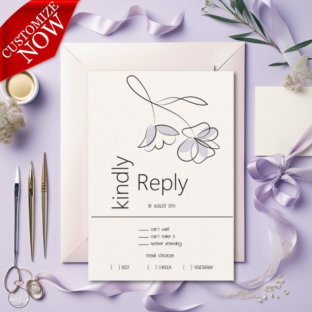 Cartão RSVP Mínimo Moderno Floral Dusty Plum e Buff (Easy to personalize)