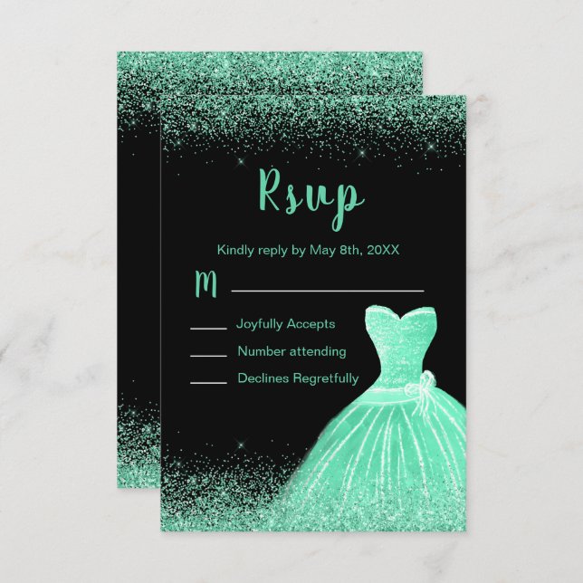 Cartão RSVP Mint Green Dress Faux Glitter Quinceanera (Frente/Verso)